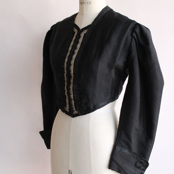 Vintage Antique 1800s Womens Victorian Jacket, Large Size Black Silk Edwardian - Picture 5 of 10